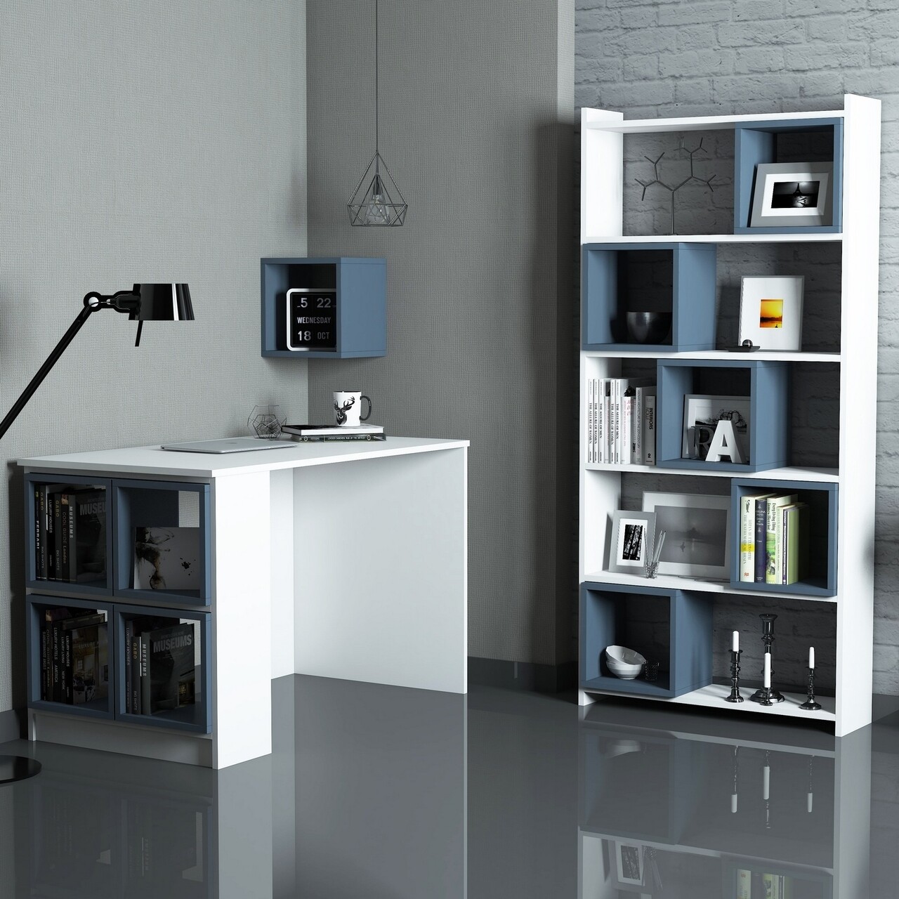 Birou cu biblioteca si raft, Hommy Craft, Box, pal melaminat, alb/albastru - imagine 5